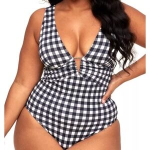 Adore Me 1X Black White Gingham Plaid Swimsuit One Piece Ruched Resort Cruise‎